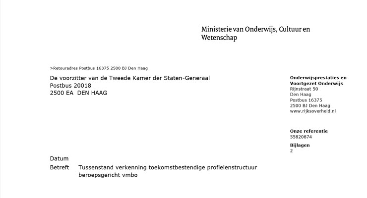 Brief naar de Tweede Kamer over het vmbo